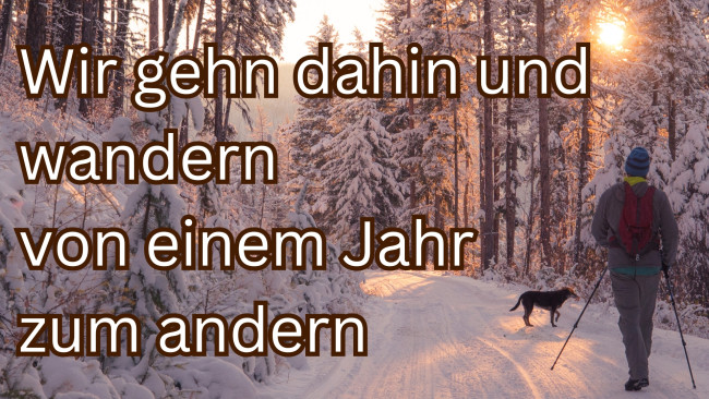 Wanderer mit Hund im Winterwald mit Text: Wir gehn dahin und wandern